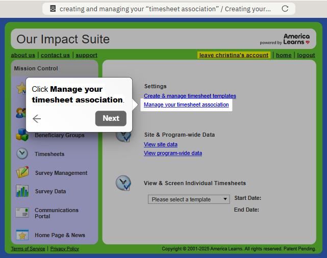 Creating and managing your “timesheet association”