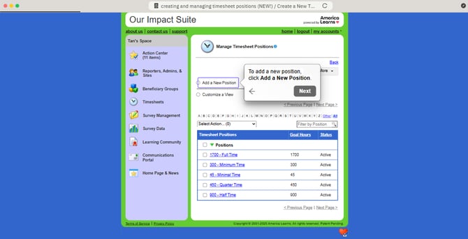 Creating and managing timesheet positions