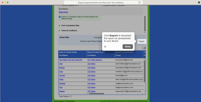 Export Approved Service Hours for Your Fellows